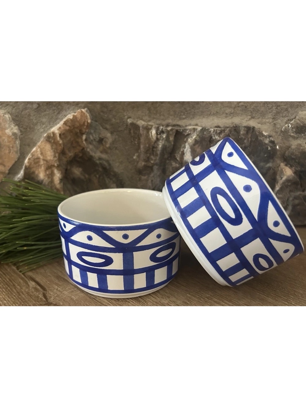 Dansk Arabesque Ceramic Ramekin Bowl Blue White Geometric 4.25"x2.5" EC